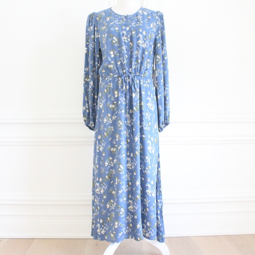 reformation • floral long sleeve blue lisse avery dress - Picture 5 of 13